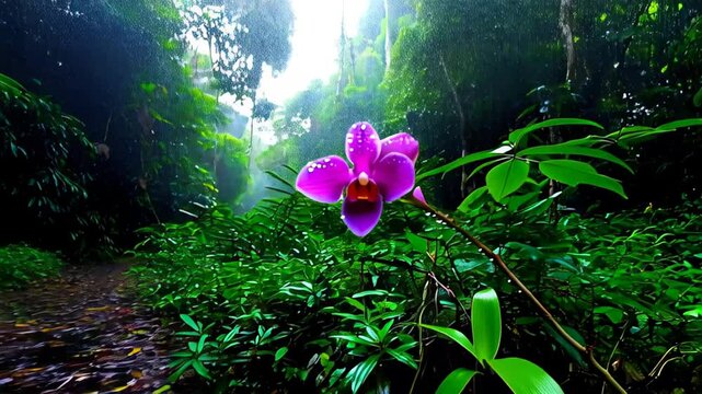 Close-up of a violet Vanda orchid with water droplets swaying gently in rainforest mist with lush green foliage in the background
