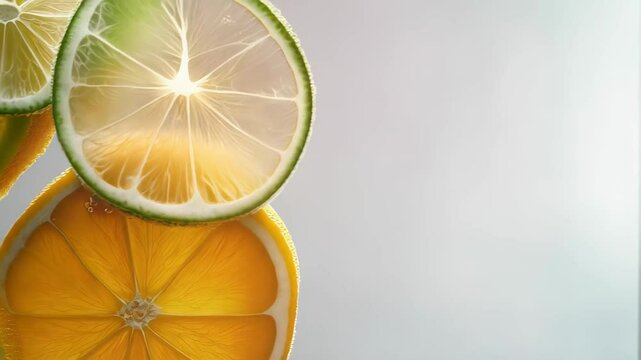 Translucent lemon and lime slices backlit with bubbling movement, suspended against pristine white backdrop highlighting citrus freshness and vibrant texture