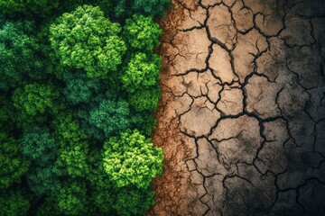 Lush forest next to cracked dry land showing climate change impact