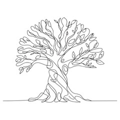 Tree in continuous line black art drawing style. Giant and powerful tree black linear design isolated on white background. Vector illustration