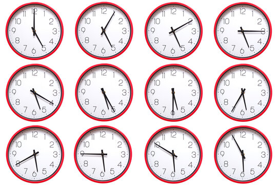 A set of 12 red wall clocks showing each hour from 05:00 to 05:55 or 17:00 to 17:55. Isolated on white background ideal for concepts related to time.