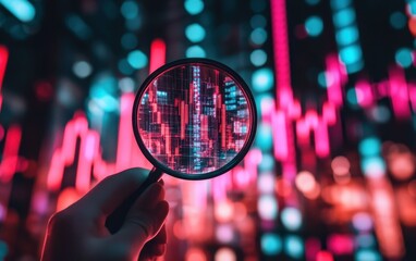 Magnifying glass focuses on data amidst fluctuating market trends