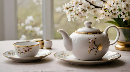 Fototapeta premium cup of tea, White Teapot with Gold Accents and Spring Blossoms on Table Setting