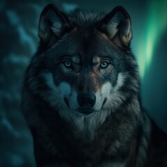 Dark wolf portrait in moody night setting