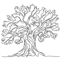 Tree in continuous line black art drawing style. Giant and powerful tree black linear design isolated on white background. Vector illustration
