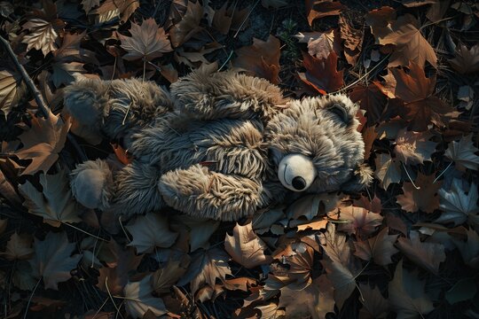 Abandoned teddy bear on autumn forest ground