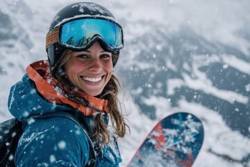 Smiling woman snowboards down snowy mountain slope