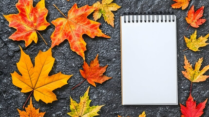 Autumn leaves surrounding blank notepad; fall planning; dark stone background; seasonal planning