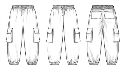 Naklejka premium Shop women's cargo pants fashion sketch technical drawing vector template for clothing design and style