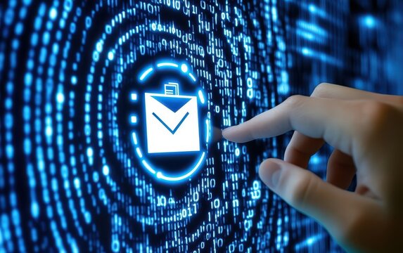 Hand pointing to email icon on digital interface.  Abstract background of binary code and glowing circles