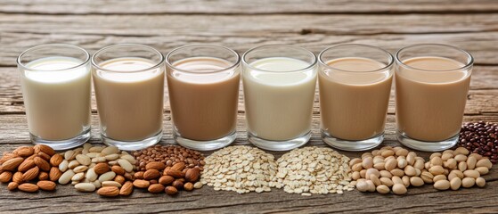 Assortment of Plant Based Milk Alternatives in Glasses with Ingredients on Rustic Wood Tabletop Close Up Still Life