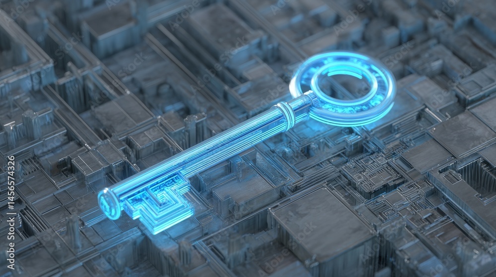 Poster the private key is illuminated and forms part of a larger mounting plate, embodying concepts of tech