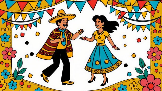 Festive Couple Dancing in Traditional Mexican Attire