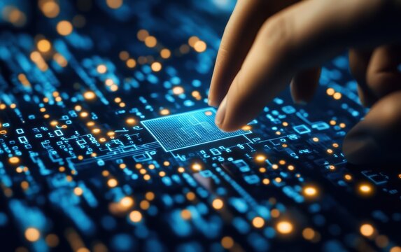 Hand interacts with glowing circuit board (1)