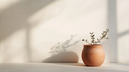 Simple terracotta pot with plant in sunlight.  Soft shadows cast on a light background