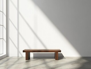 Minimalist interior featuring a wooden bench against a white wall with light and shadow play in a modern style