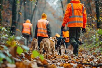 Rescue team with dogs searching forest for child