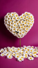 Obraz premium A heart made out of daisies on a purple background.