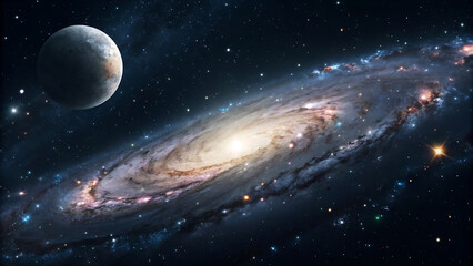 Obraz premium Majestic Spiral Galaxy with Crescent Moon A Cosmic Tapestry
