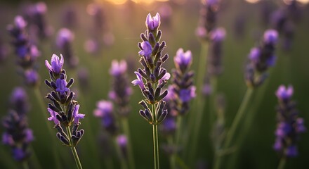 Fototapeta premium Flowering Lavender Field at Sunset Natural Light Photography
