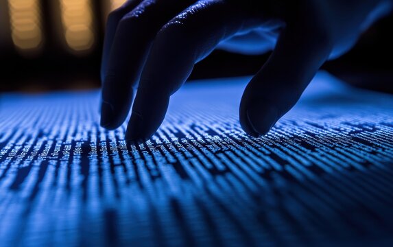 Close-up of a hand hovering over lines of digital code on a glowing screen - Powered by Adobe