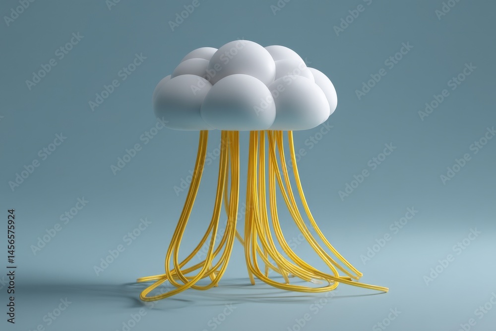 Poster the concept of cloud computing technology is represented by a white cloud connected to a network cab
