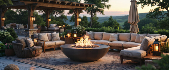 Obraz premium Luxurious outdoor fire pit lounge area at dusk with illuminated lanterns and comfortable furniture
