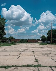 Naklejka premium Empty Cracked Parking Lot Under a Blue Sky with Clouds Daytime Wide Angle Shot Urban Landscape