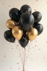 Bunch of black and gold balloons tied together, floating in the air, soft lighting, minimal background