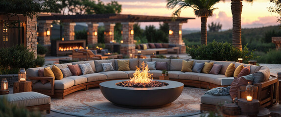 Luxurious outdoor living area with fire pit comfortable seating and beautiful ambiance at dusk