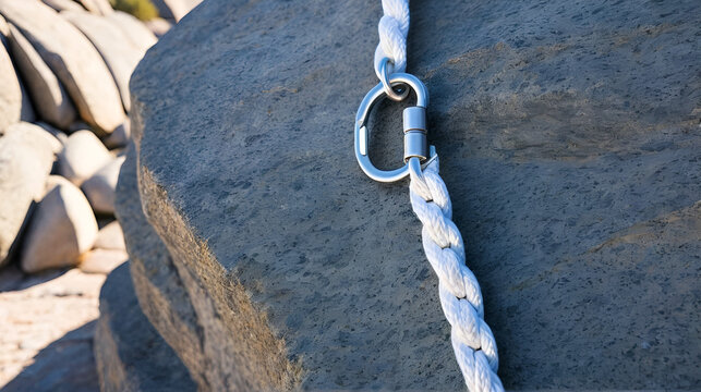 Tension concept with frayed end of  white braided rope unlashed from offset-D type carabiner hanging against rock face
