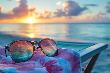 Sunglasses on floral shirt over beach chair with ocean view