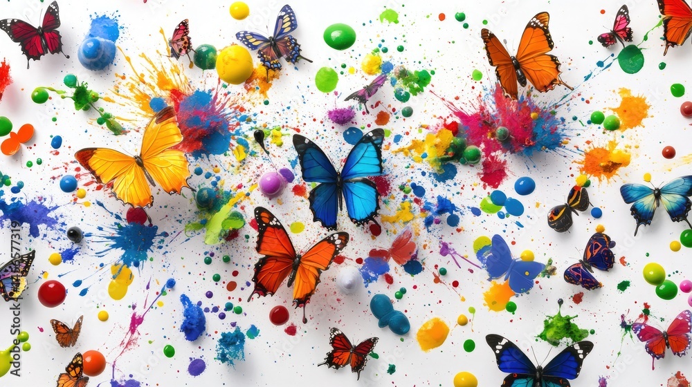 Poster Multicolored watercolor splashes forming a pattern of floating dots and butterflies