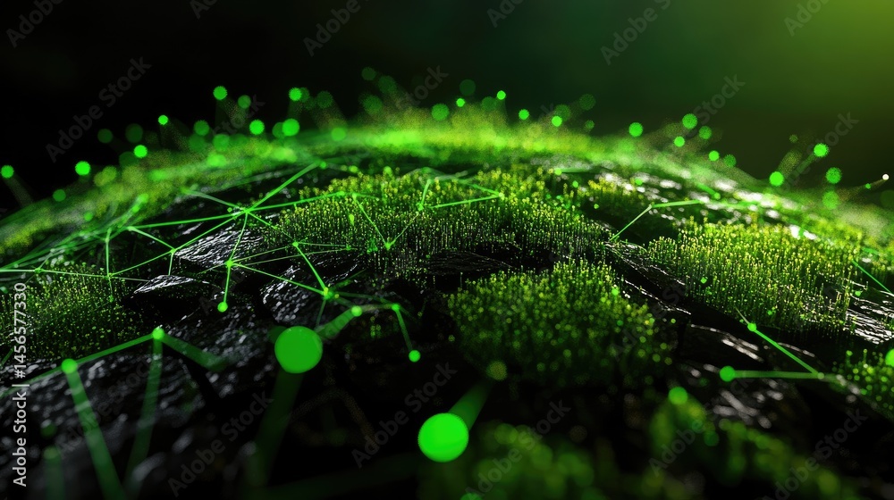Poster neon green data lines flowing through abstract geometric tech grid, digital future
