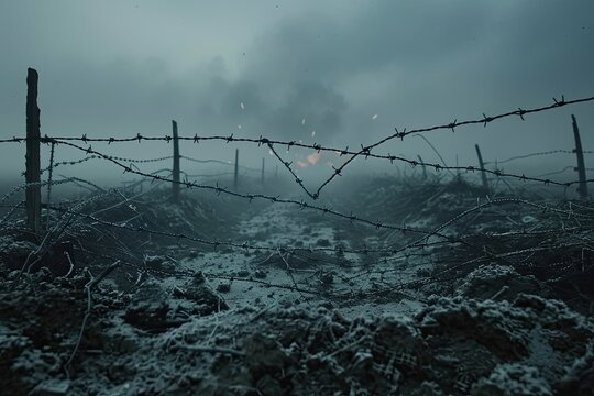 Barbed wire battlefield in foggy wartime explosion scene - Powered by Adobe