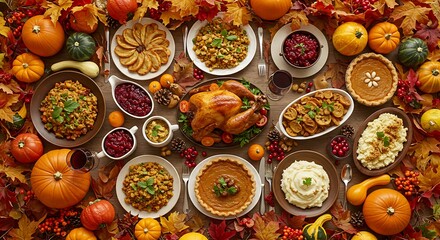 Overhead view of Thanksgiving dinner table with turkey and autumn decorations