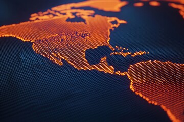 Orange Dots on Dark Grid Showing Americas with Digital Effects