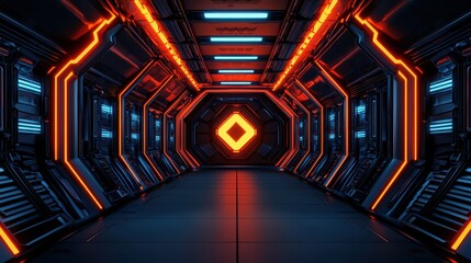 Futuristic Sci-Fi Corridor with Neon Lights and Geometric Design