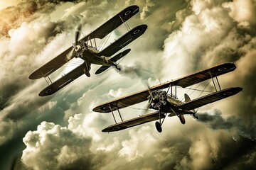 Two vintage WWI biplanes flying in dramatic cloudy sky