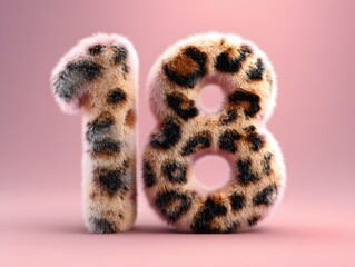 Obraz premium 3D furry leopard print numbers 1 and 8 on pink background for birthday celebration graphics, milestone marketing campaigns, kids’ party invitations, or fun event promotions