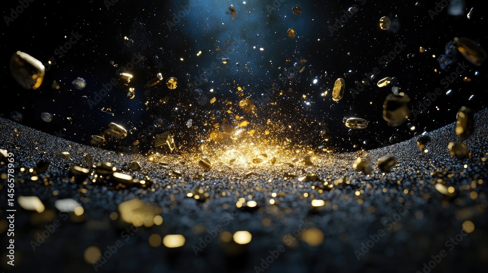 Poster Radiating glitter sparkles like stardust fireworks exploding in black space