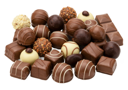 Pile of assorted chocolates isolated on transparent background