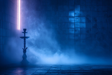 Naklejka premium Smoke hookah dark, blue grunge background. Concrete covering, tile. Neon light, smoke, smog