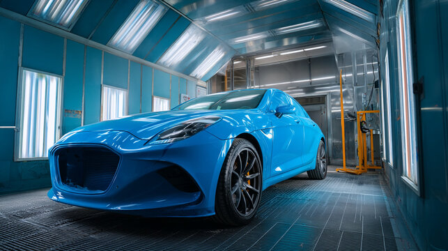 Blue sports car painting automotive refinishing in a paint booth for custom auto body shop service