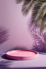 A surreal and abstract setting features an empty stage with a square white podium set against a pastel neon pink background adorned with pine tree shadows, serving as a pedestal for showcasing