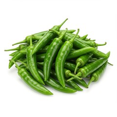 A heap of fresh green chili peppers with stems on a white background in a studio shot image
