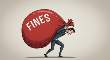 Man under duress, bent over carrying a large red bag labeled FINES representing debt