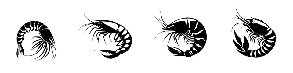 Vector illustration featuring black and white shrimp designs showcasing different poses and styles for seafood-themed projects