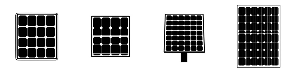Various designs of solar panel icons in black and white vector illustration format for energy-related projects and graphics