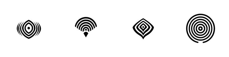 Vector illustration of minimalist black and white icons with circular and geometric designs for creative projects